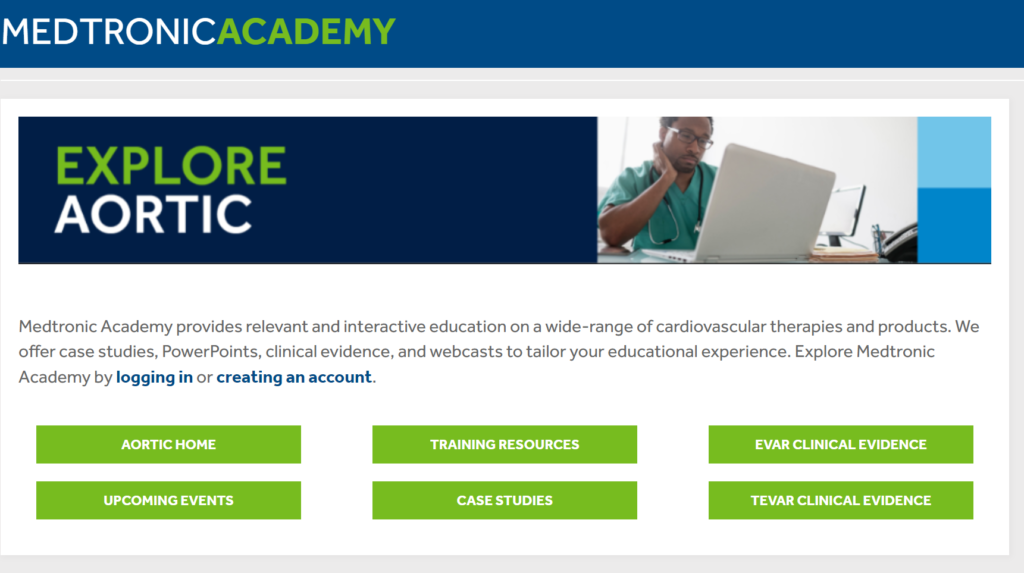 screenshot of the Explore Aortic webpage on the Medtronic Academy website
