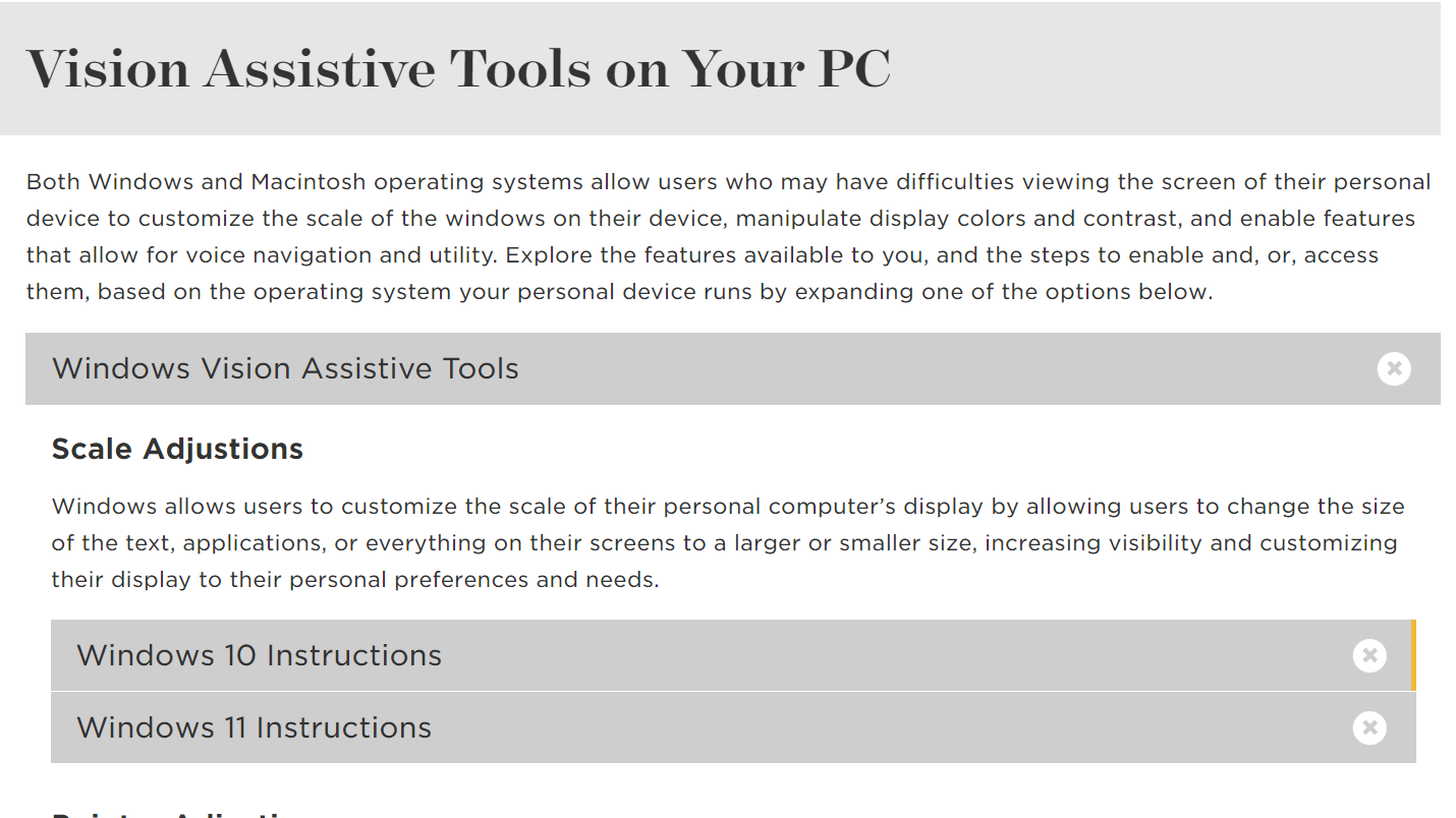 screenshot of a webpage detailing vision assistive tools on personal computers