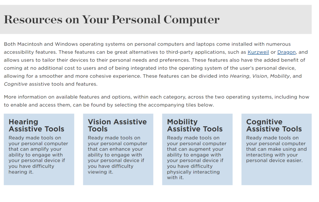 screenshot of pc accessibility tools webpage with overlayed link to page
